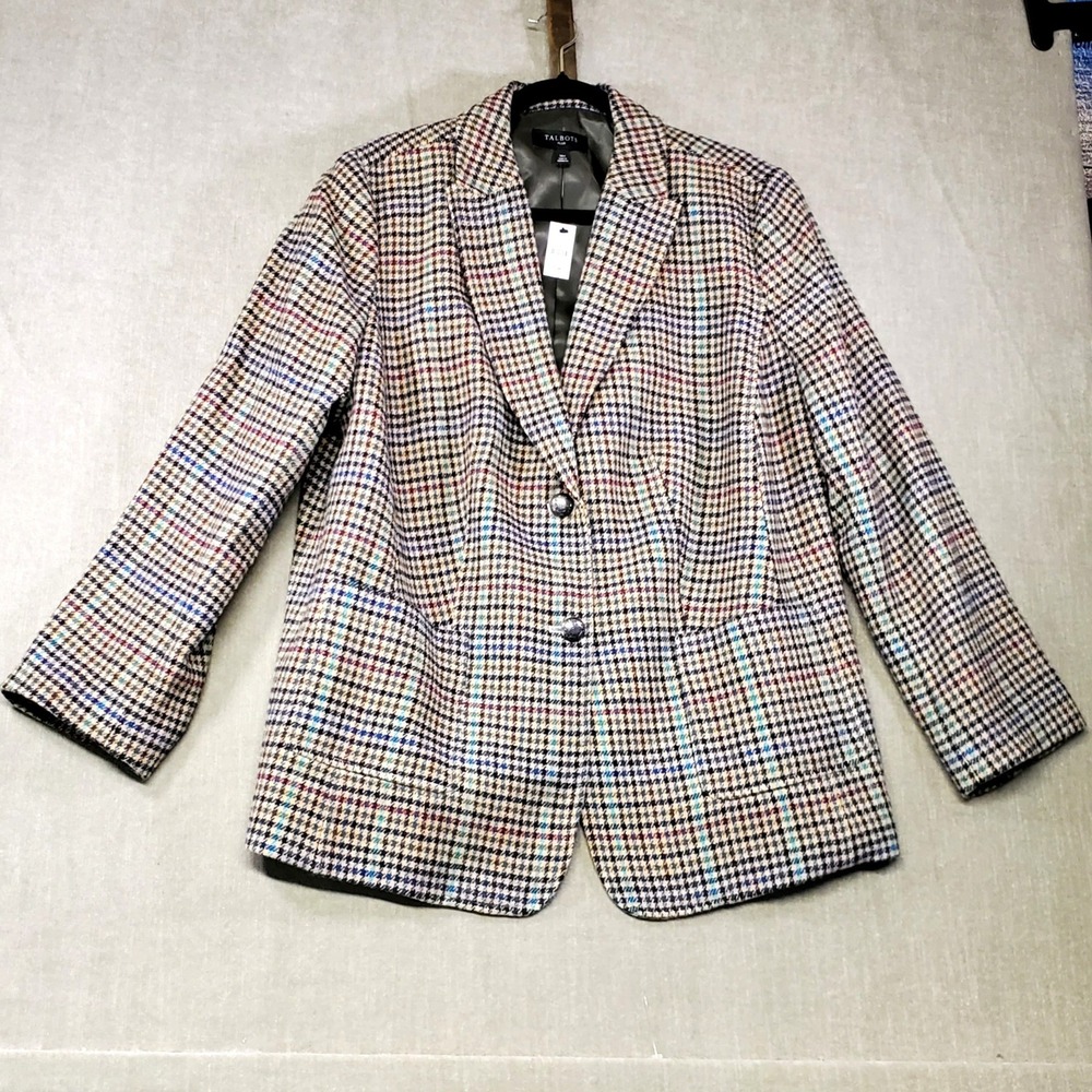 Talbots Blazer Women 16W Multi Color NWT Wool Blend Houndstooth Plaid Jacket